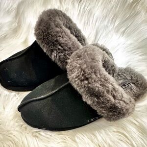 UGG Black Slipper Clogs with Gray Shearling Trim